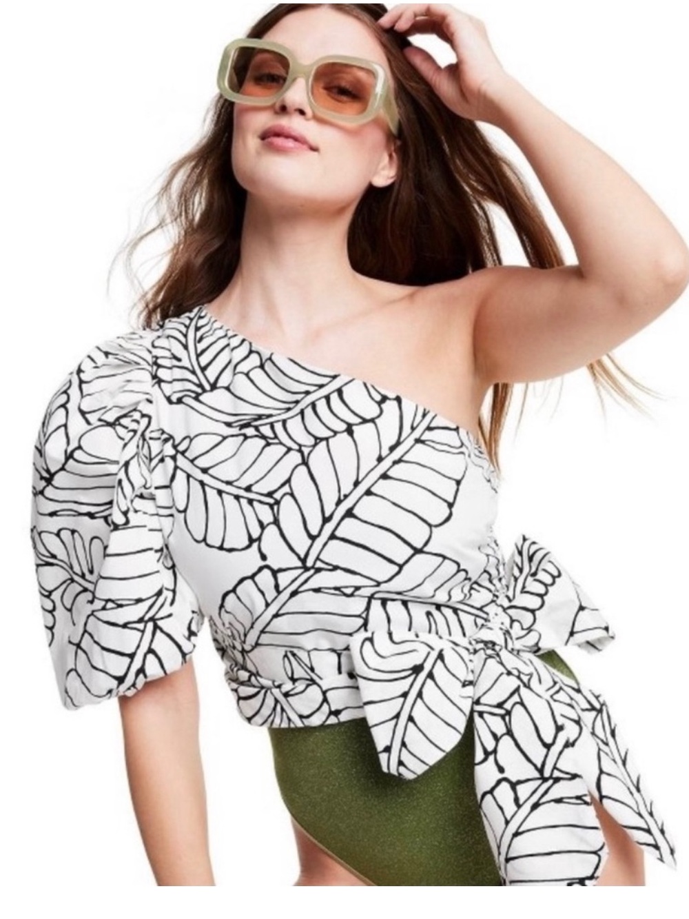 Black & White One-Shoulder Leaf-Print Blouse with Tie Waist